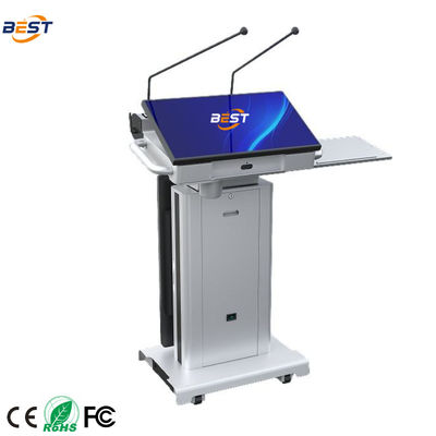Smart Multimedia Podium com ângulo de tela ajustável de 10-40°, 150mm de altura máxima de elevação e tela de quiosque inteligente opcional de 32 polegadas