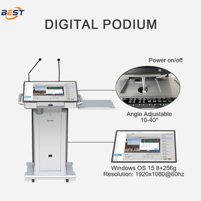 Podium multimídia elétrico com 150 mm de altura máxima de elevação e tela de quiosque inteligente opcional de 32 polegadas