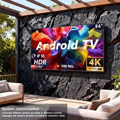 TV exterior IP55/IP66 à prova d'água 4K Google TV 1500-3000nits Visor comercial de alto brilho para publicidade