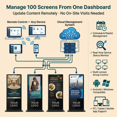 Sinalização digital 4K UHD em piso interno com painel IPS LG A-Grade e gerenciamento remoto do Cloud CMS