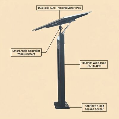 Totem de sinalização digital de rastreamento solar com rastreamento automático do sol de eixo duplo 2000 Nits Display de alto brilho e proteção IP65