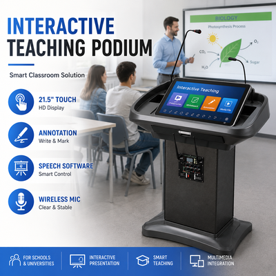 Pódio digital para conferência com tela sensível ao toque de 21,5 polegadas, microfone pescoço de ganso sem fio, alto-falante ativo, púlpito multimídia