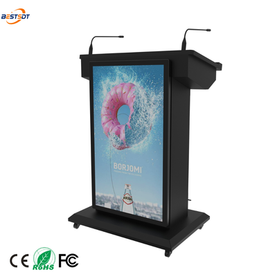 Podium Inteligente com Tela Dupla e Entrada HDMI, Suporte para Múltiplos Monitores USB e 2 Microfones Gooseneck com PA