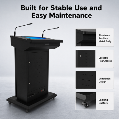 Podium Inteligente com Tela Dupla e Entrada HDMI, Suporte para Múltiplos Monitores USB e 2 Microfones Gooseneck com PA