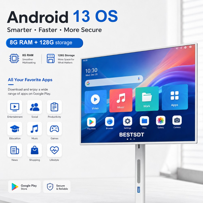 Tela Inteligente Móvel com Bateria de 32 Polegadas Android 13, Sinalização Digital Touch IPS 4K 8GB 128GB